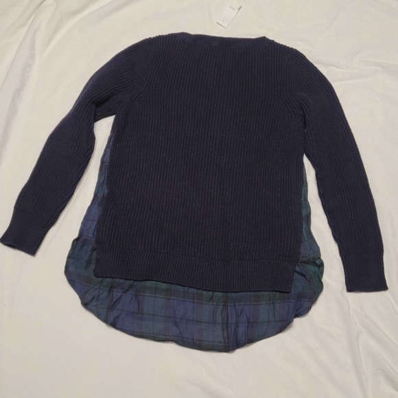 NWT Ann Taylor LOFT 2 in 1 Sweater Navy blue plaid shirt tail inset size Small - Picture 3 of 4